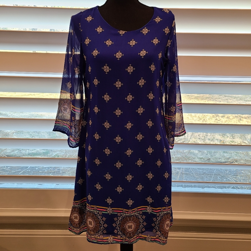 Entro Royal Blue Boho Medallion Print 3/4 Bell Sleeve Shift Mini Dress